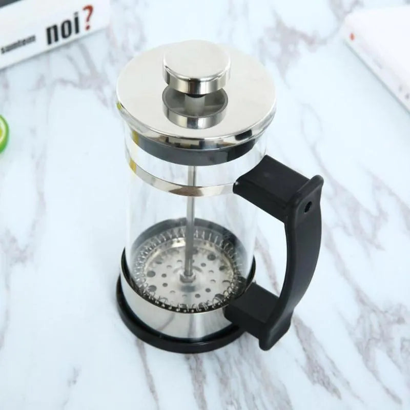 350ml manual coffee maker with glass and stainless steel construction, compact 10x8x17cm dimensions
