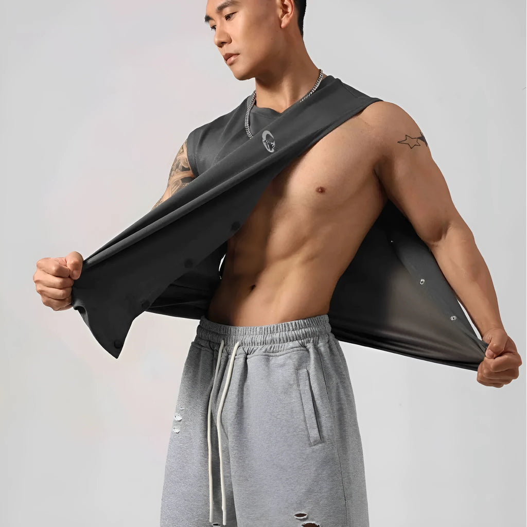 Men's loose black cotton fitness vest showing hidden hook side openings.