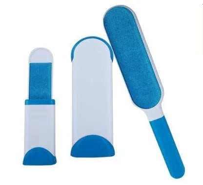 Blue reusable pet hair removal brush and self-cleaning base for sofas and car seats