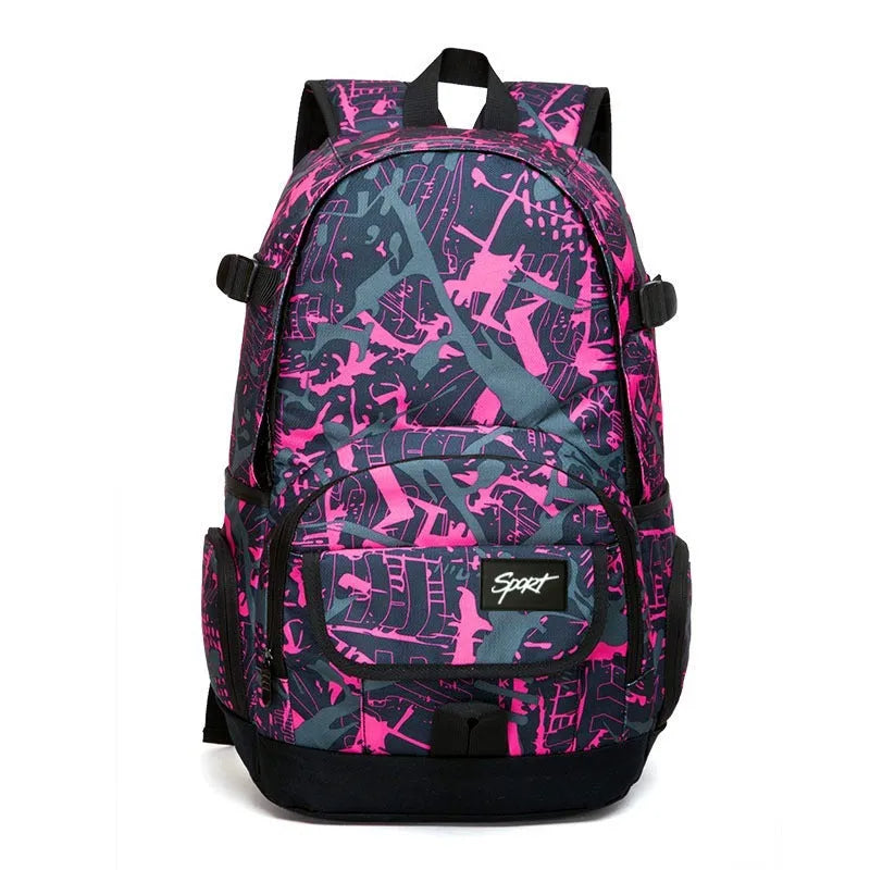 Blue and red large classic nylon backpack for students and teenagers.