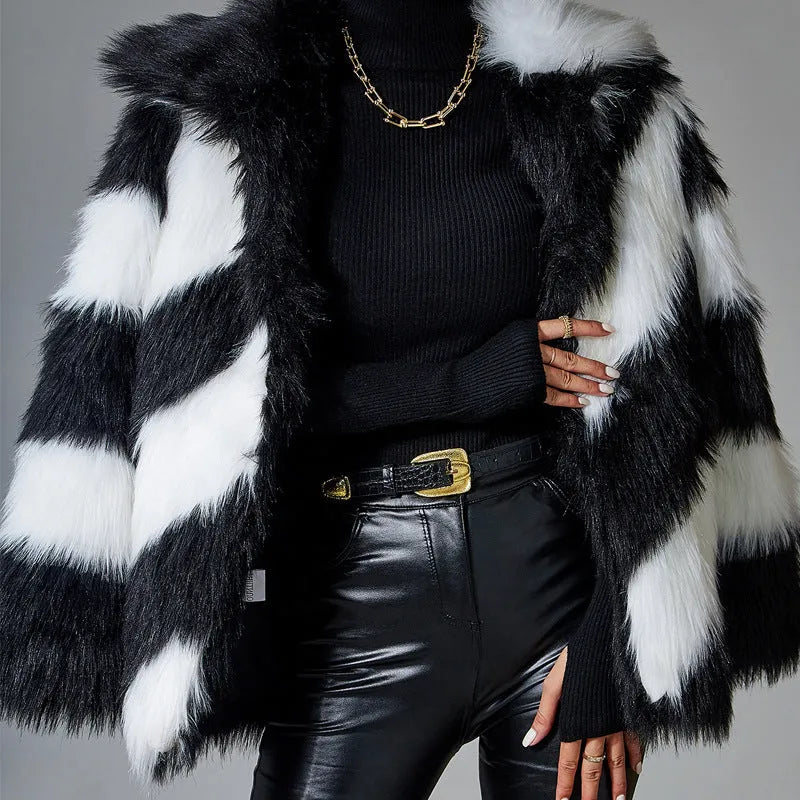 Women's minimalist faux fur coat with contrast color lapel and regular sleeves in picture color