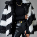 Women's minimalist faux fur coat with contrast color lapel and regular sleeves in picture color