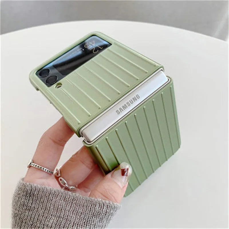 Samsung Z Flip3 flip type mobile phone case in seven colour options showing front and back views