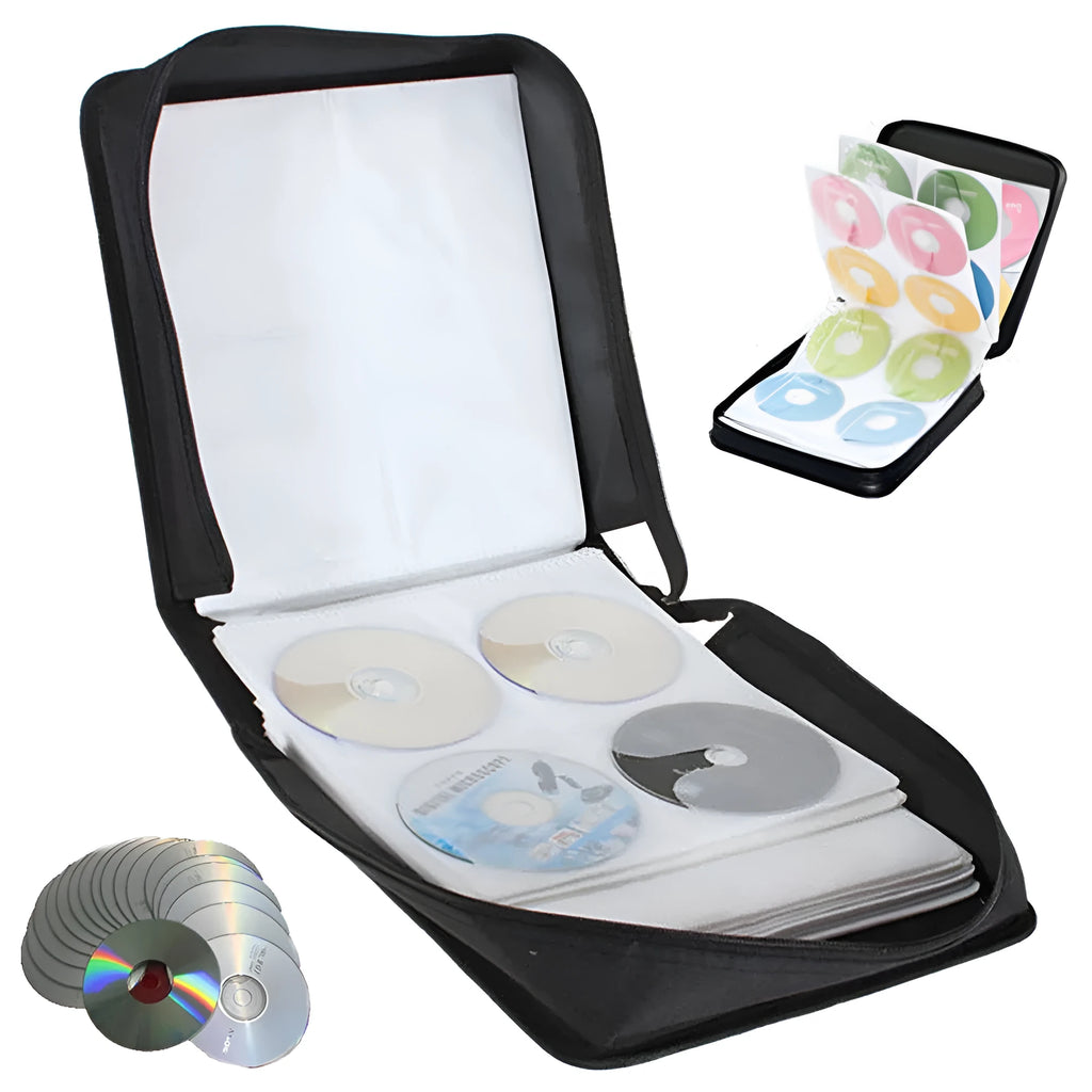 Black Oxford fabric CD DVD storage binder organiser with zipper and top carry strap.
