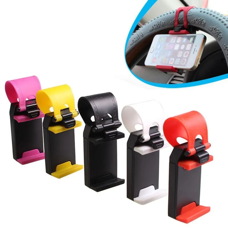 Black steering wheel phone clip holder mounted with smartphone showing navigation display