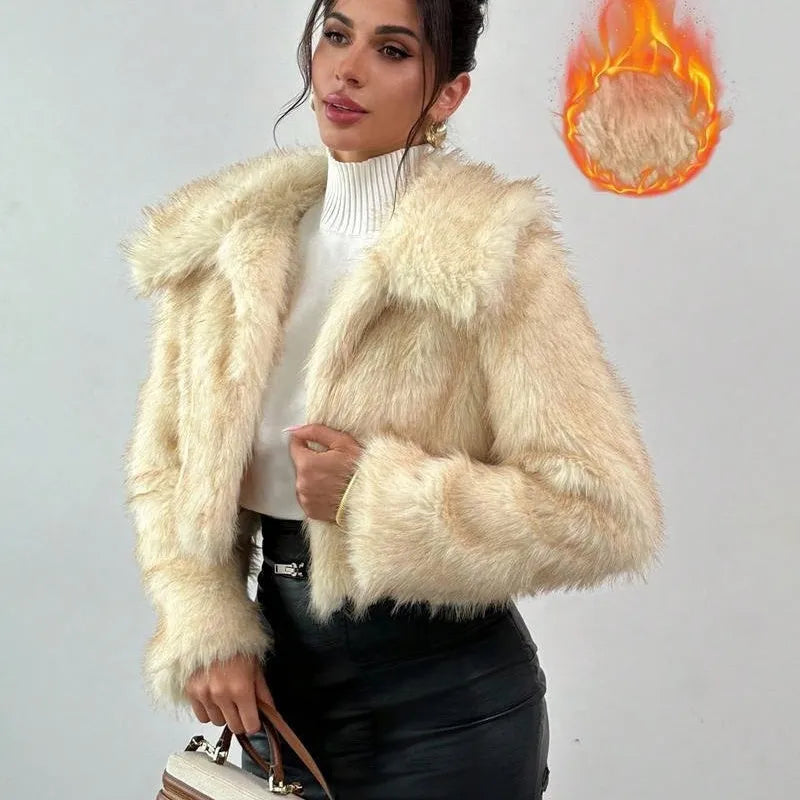 Artificial fur coat with fur collar in short 40cm length showing thick fabric texture