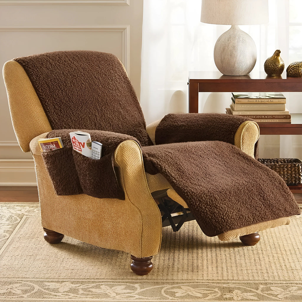 Lambswool fabric sofa cushion cover in beige, shown on a living room sofa.