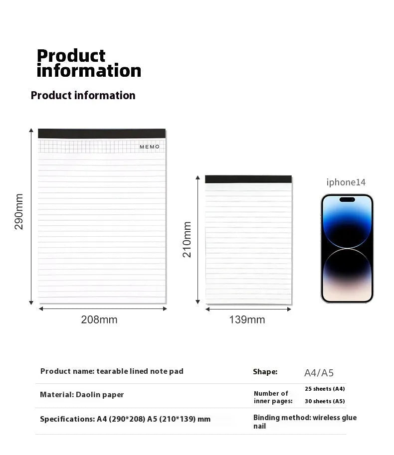A4 tearable meeting minutes notebook with ivory white grid paper and wireless adhesive binding