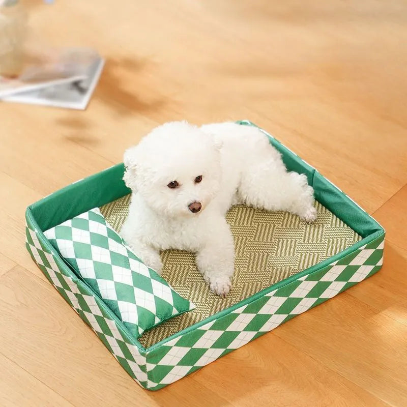 Blue rattan mat cat bed in size L, a non-removable pet sleeping nest on a wooden floor.