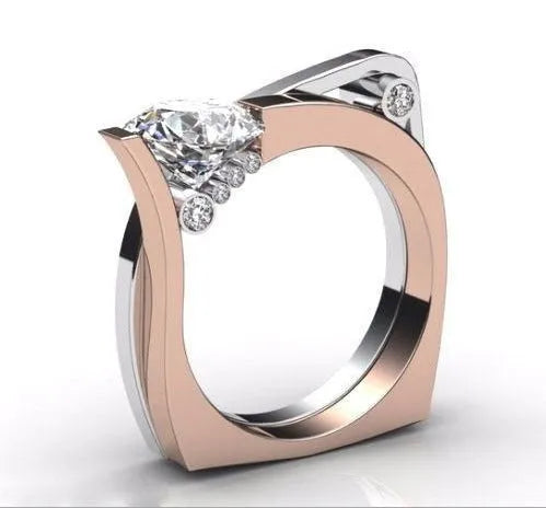Electroplated alloy women's fashion ring with geometric design and zircon inlay in rose gold colour