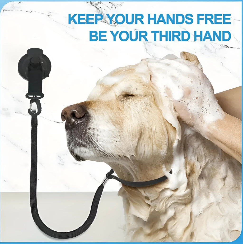 Black and blue suction cup dog bath restraint kit with large and small cups on a tub.