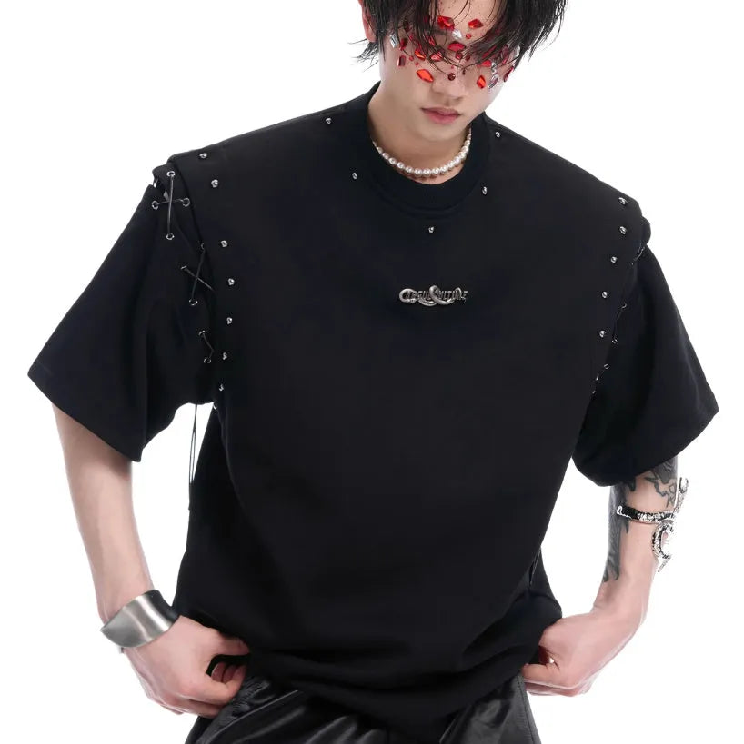 Women's black deconstruction t-shirt with a front lace-up cutout detail on a short sleeve.