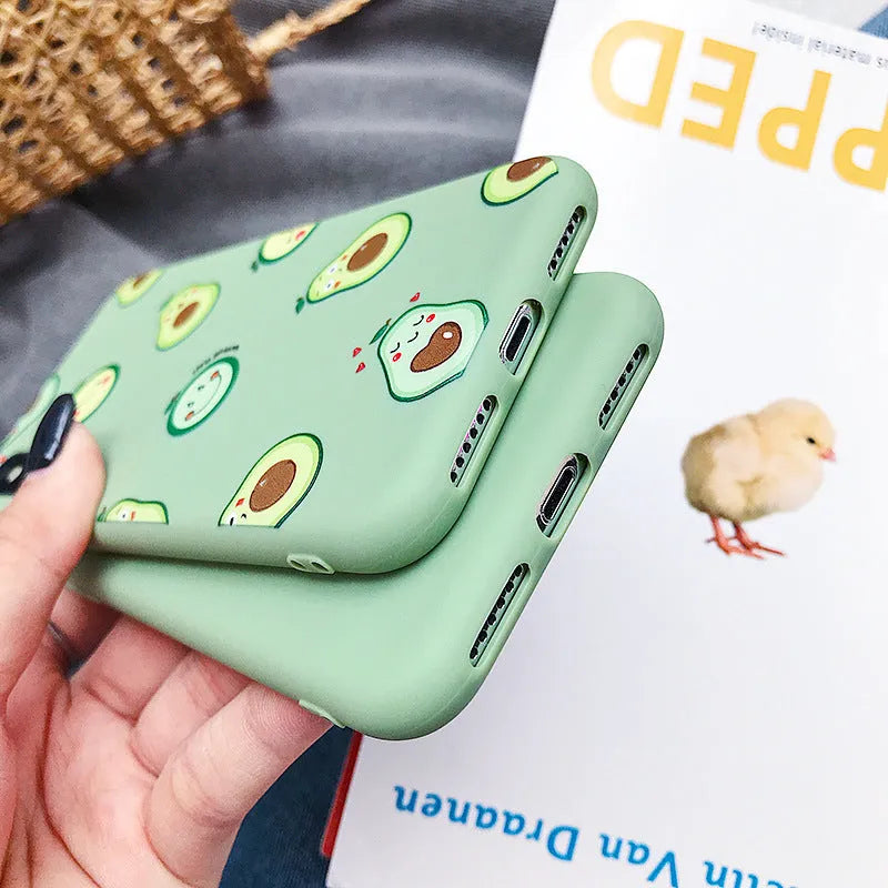 Cartoon avocado design TPU phone case for iPhone models showing back cover with fruit artwork