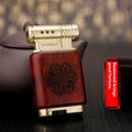 Black wood gas lighter with rosewood decorative finishes including sun face design