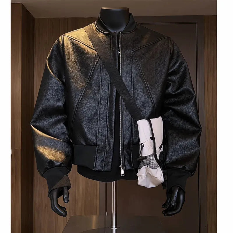 Men's slim-fit black PU leather motorcycle jacket with litchi grain texture and extended length