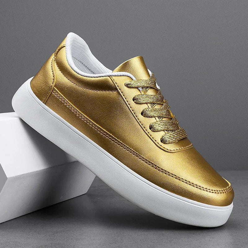 Women's leather flat casual shoes with lace-up front in gold colour