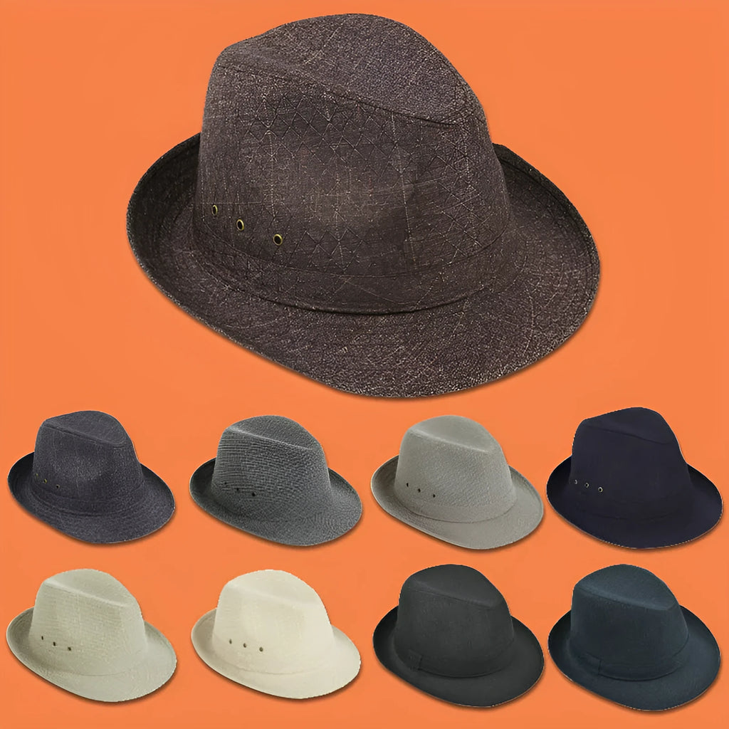 Thickened suit material fedora hat for men shown in available colours and sizes.