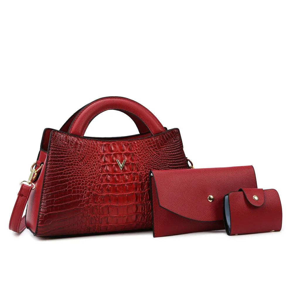 Women's square black crocodile pattern PU crossbody bag with shoulder strap and external pocket.