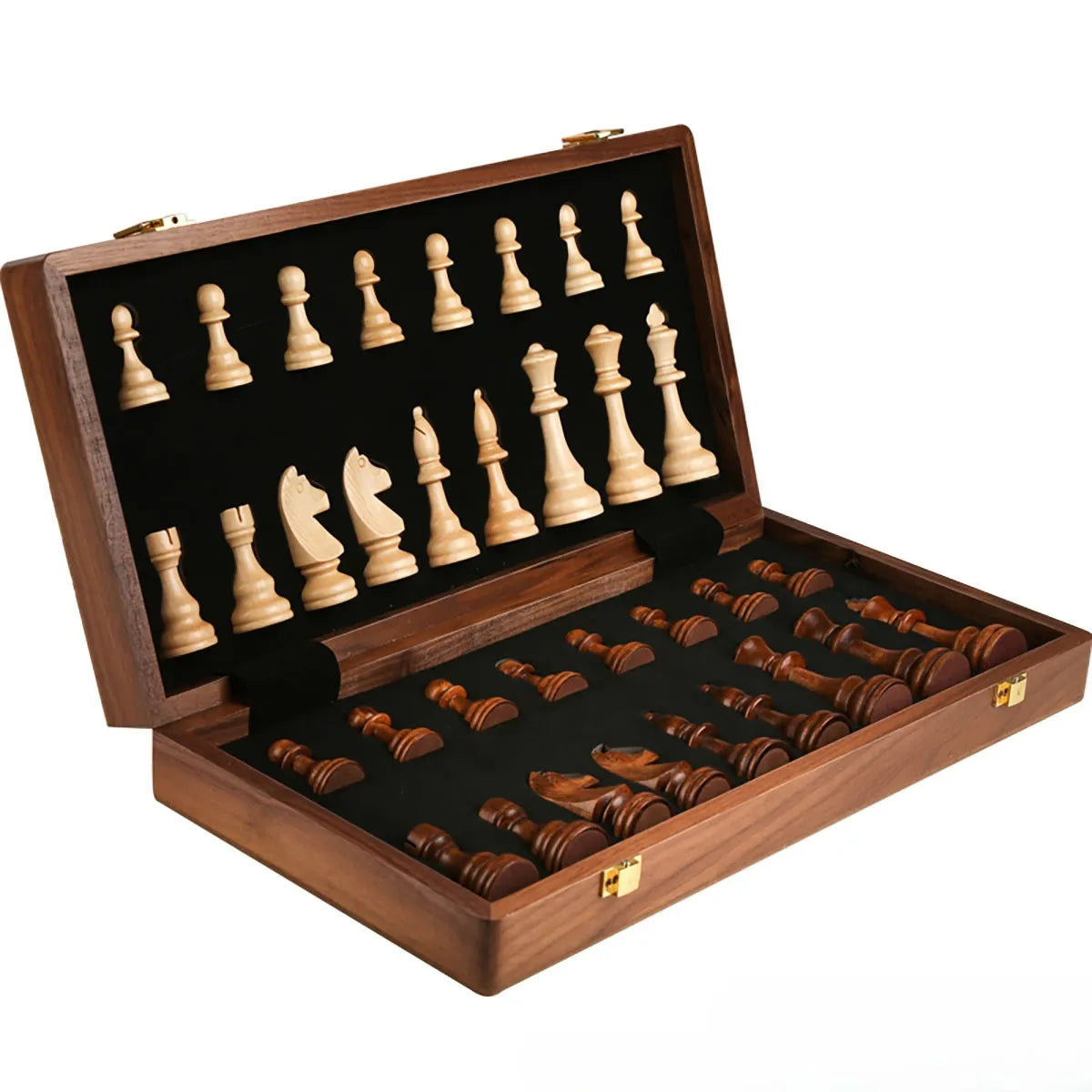 Walnut foldable solid wood children's chess set with brown board and pieces on wooden surface