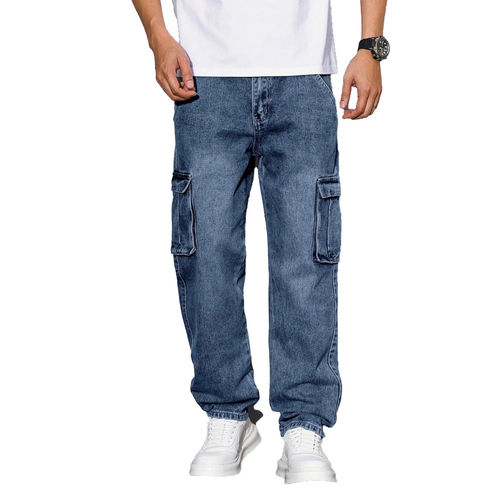 Light blue jeans with elastic ankle bands, drawstring waist, cotton denim casual trousers