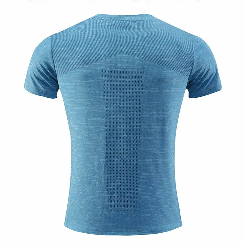 Men's short sleeve running t-shirt in polyester spandex fabric, shown in red colour.