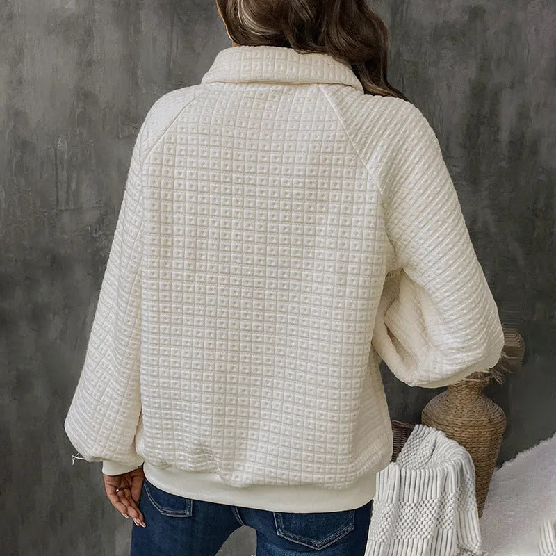 Women's polo collar sweater in solid colour with long sleeves and thickened polyester fabric