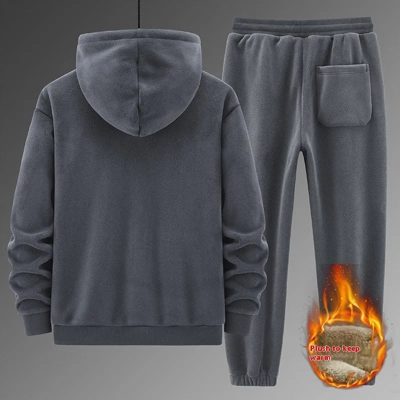 Men's grey polyester sports suit with hooded sweater and matching trousers
