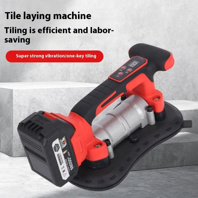 Automatic tile laying machine with 21V battery, shown with its two batteries and US plug charger for floor tiling.