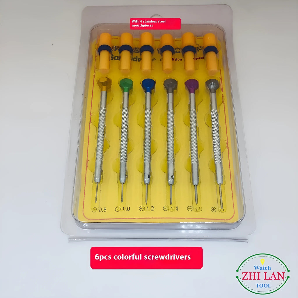 6-piece colour-coded watch repair screwdriver set with aluminium handles