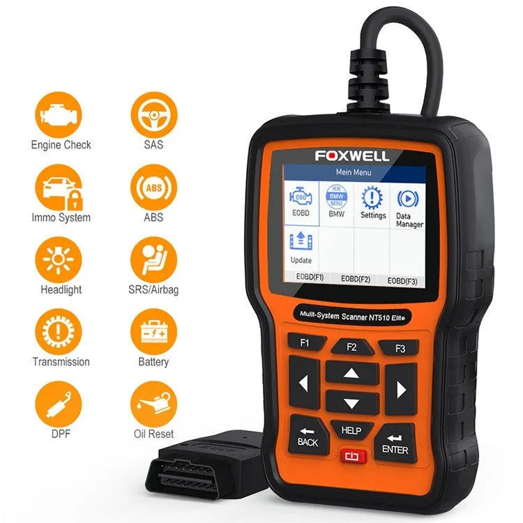 Foxwell NT510 orange and black automotive diagnostic scanner with OBD2 data cable.