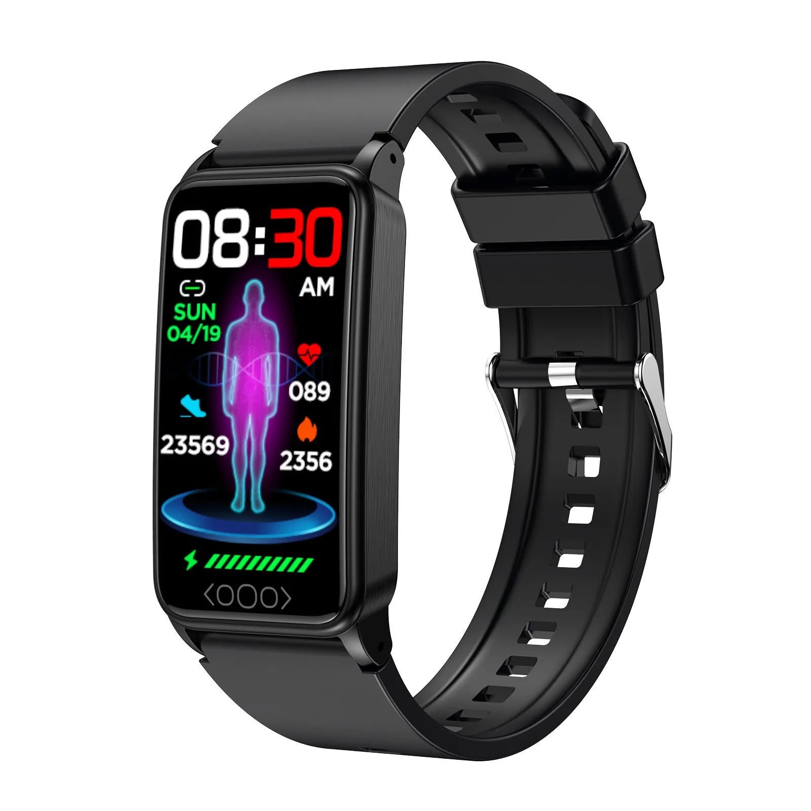 Smart bracelet with dynamic heart rate monitoring on a touchscreen display, silicone strap, black colour
