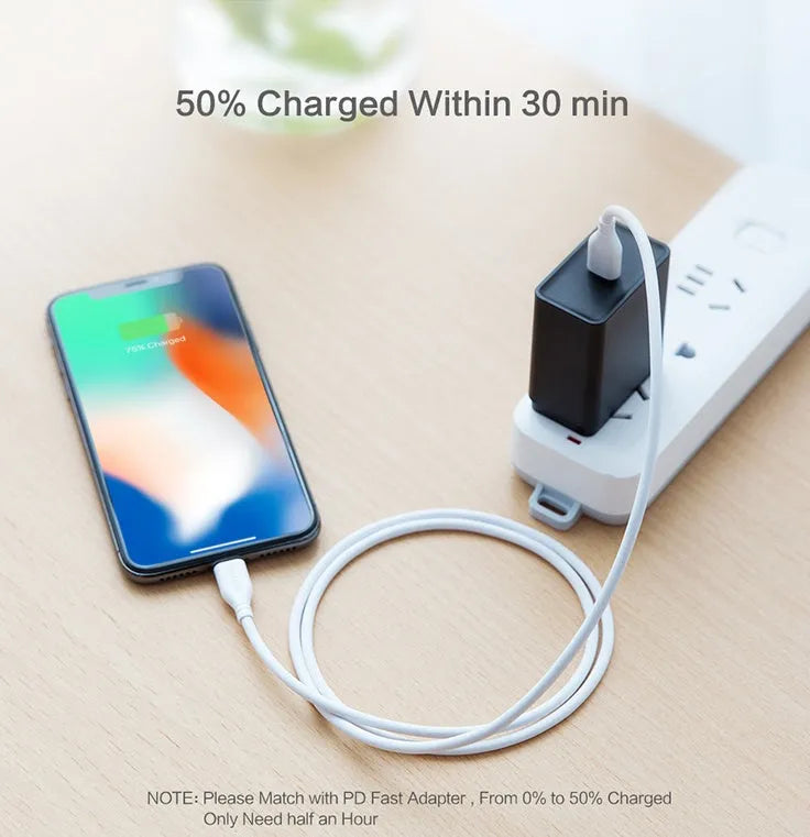 White braided USB-C to Lightning charging cable 105cm length with aluminium connectors