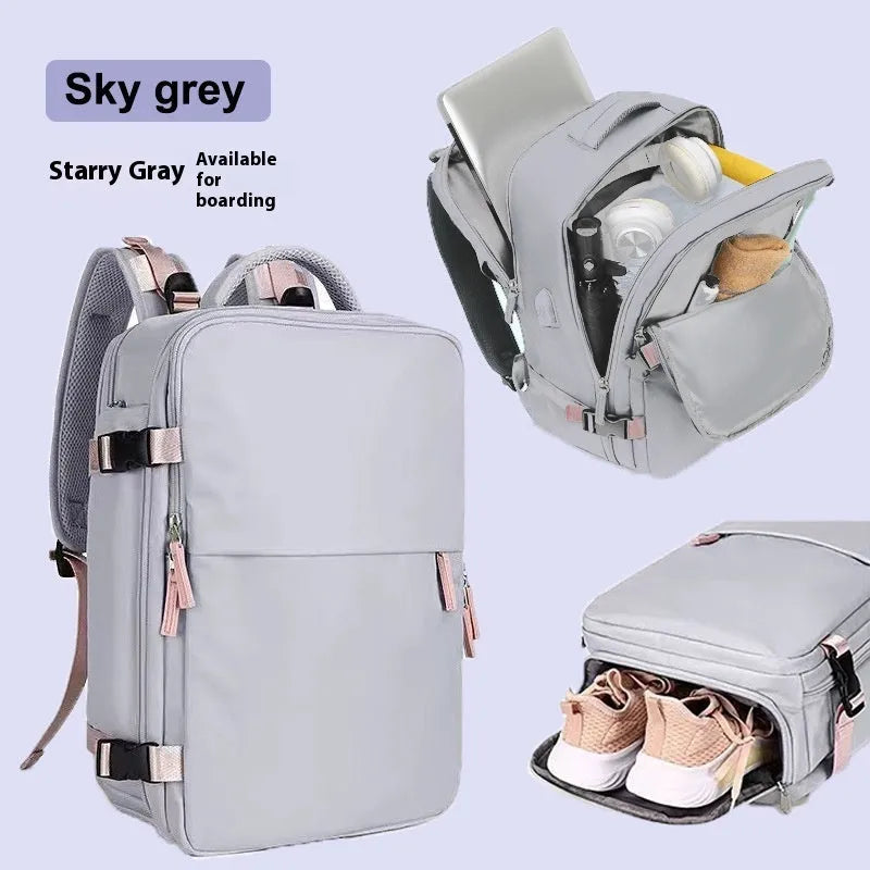 Large waterproof oxford cloth travel backpack with curved shoulder straps in light grey colour