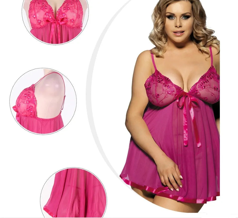 Women's plus-size purple polyester sleepdress with lace detailing and mesh panels