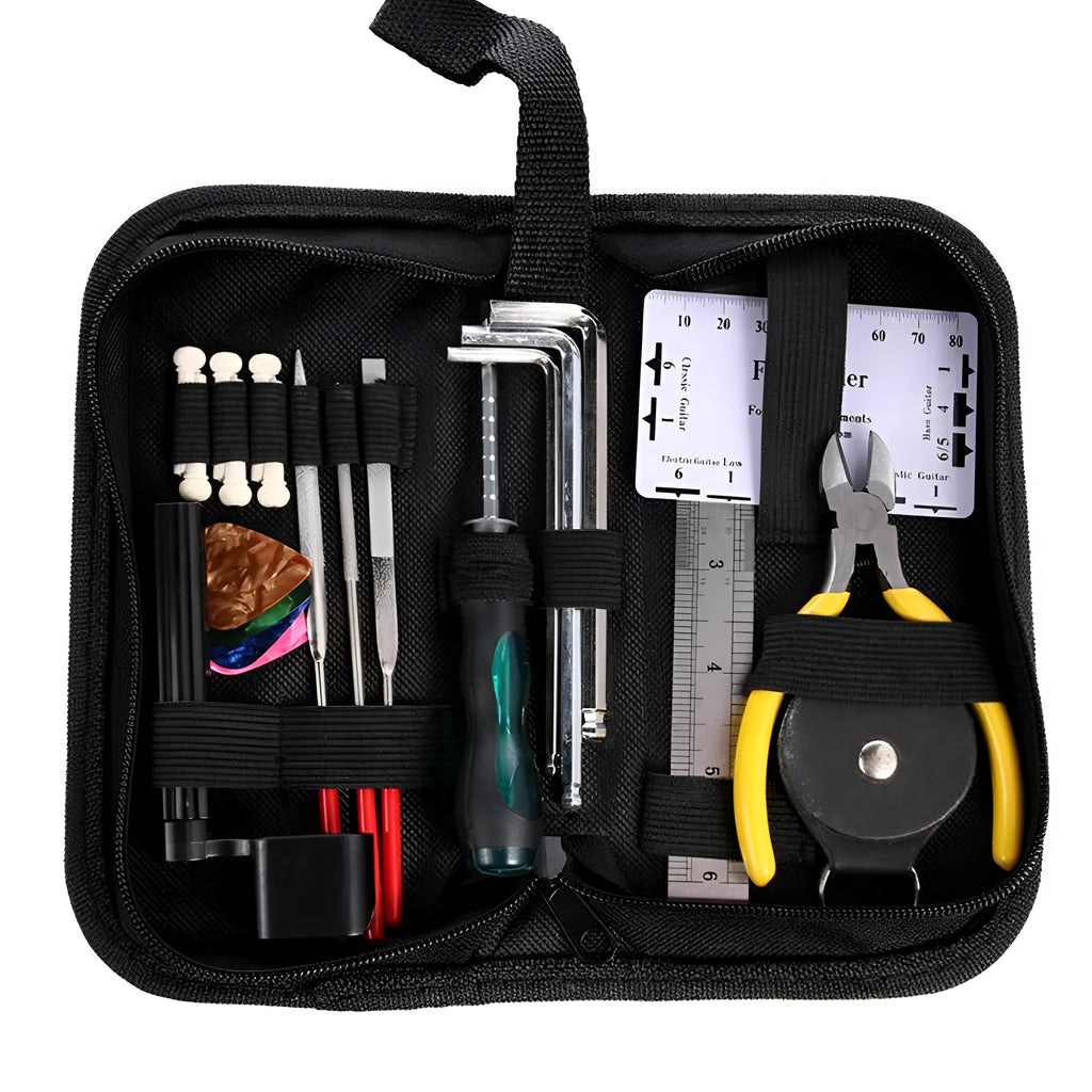 Black plastic guitar repair tool kit case for instrument maintenance