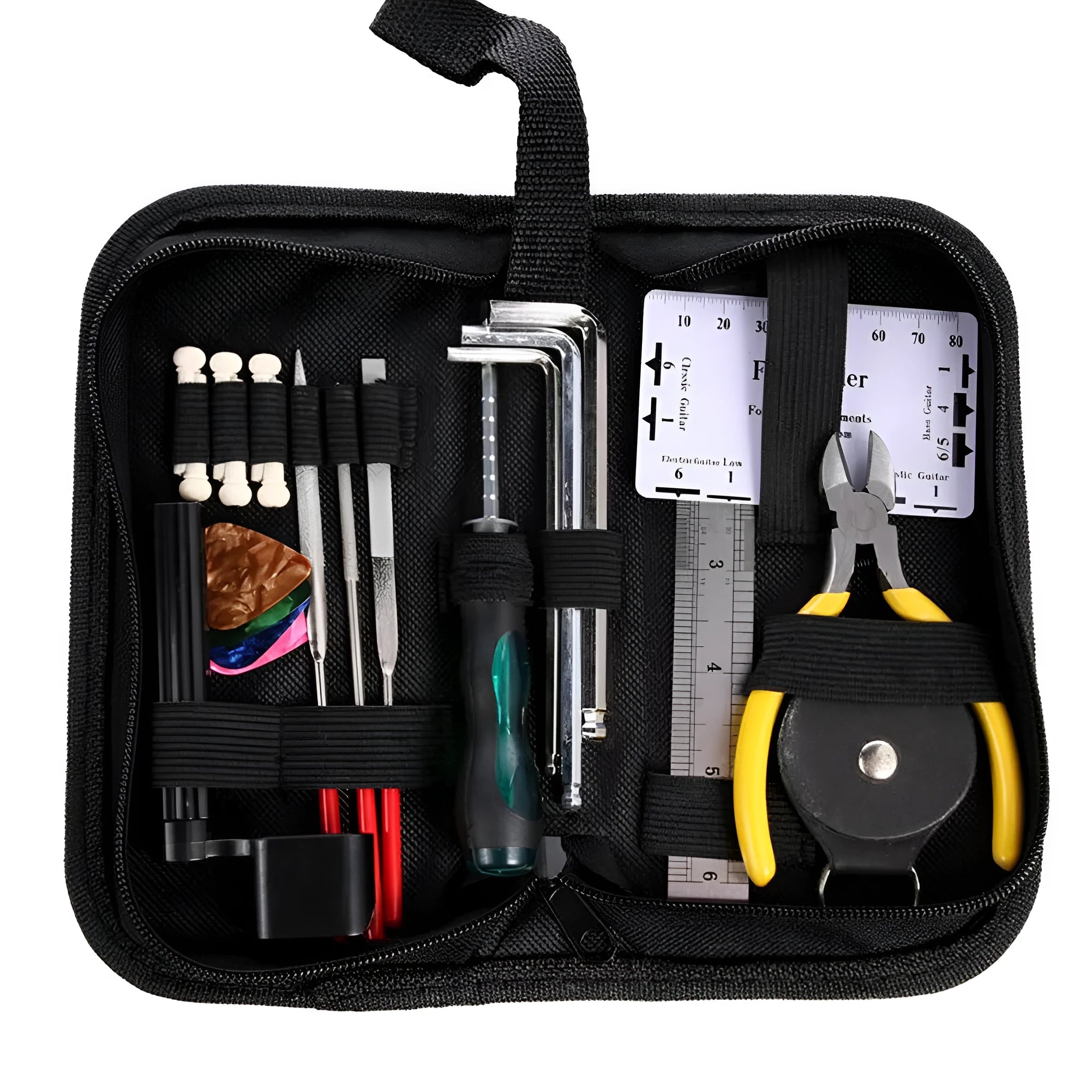 Black plastic guitar repair tool kit case for instrument maintenance