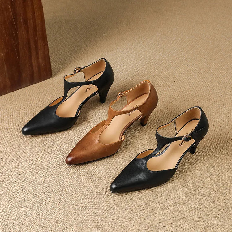 Brown retro women's sandals with T-strap buckle, closed toe, and a short stout high heel.