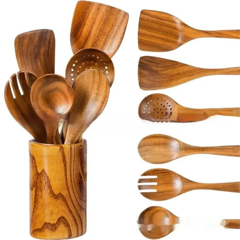Seven-piece wooden kitchen utensil set with spoons and spatulas in natural finish