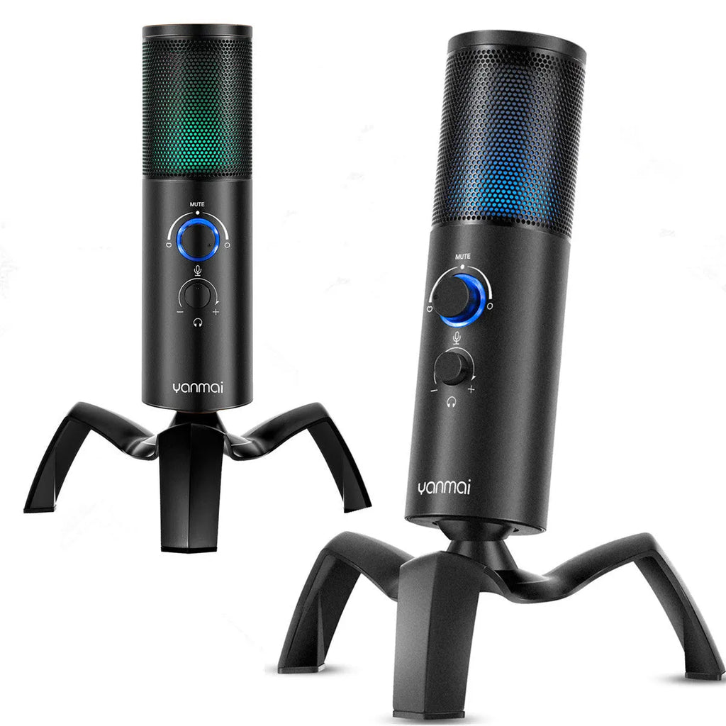 Black Q18 USB condenser microphone with RGB lights on adjustable metal tripod.