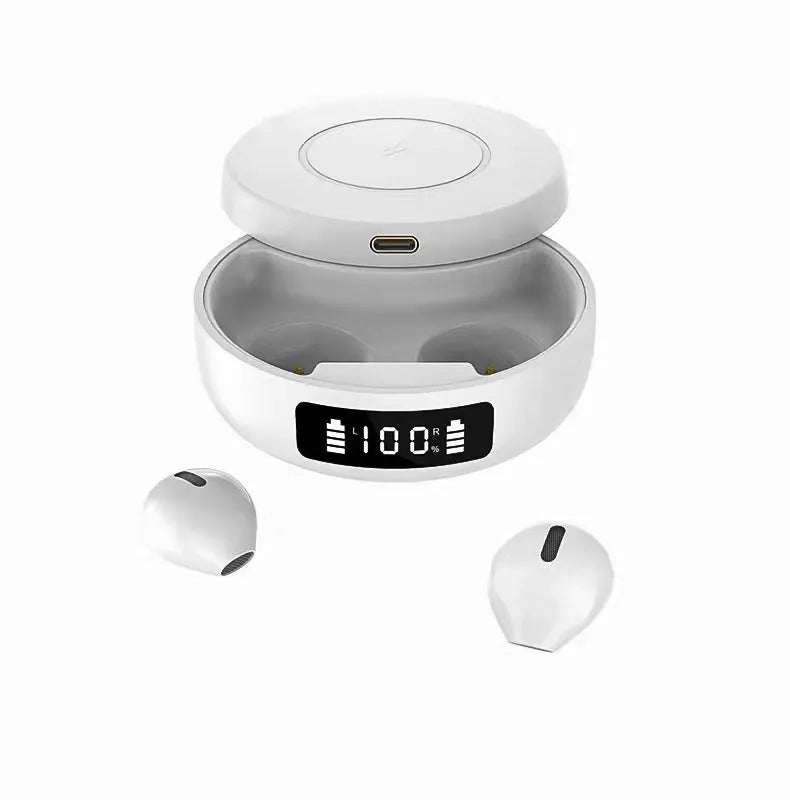 Mini wireless semi-in-ear headphones with charging case in black, white, and colour options