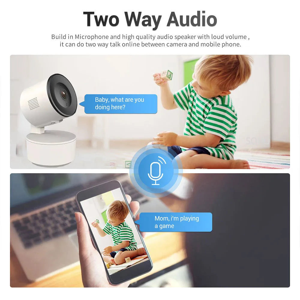 Indoor WiFi security camera with pan-tilt function showing 1080p HD and motion tracking features