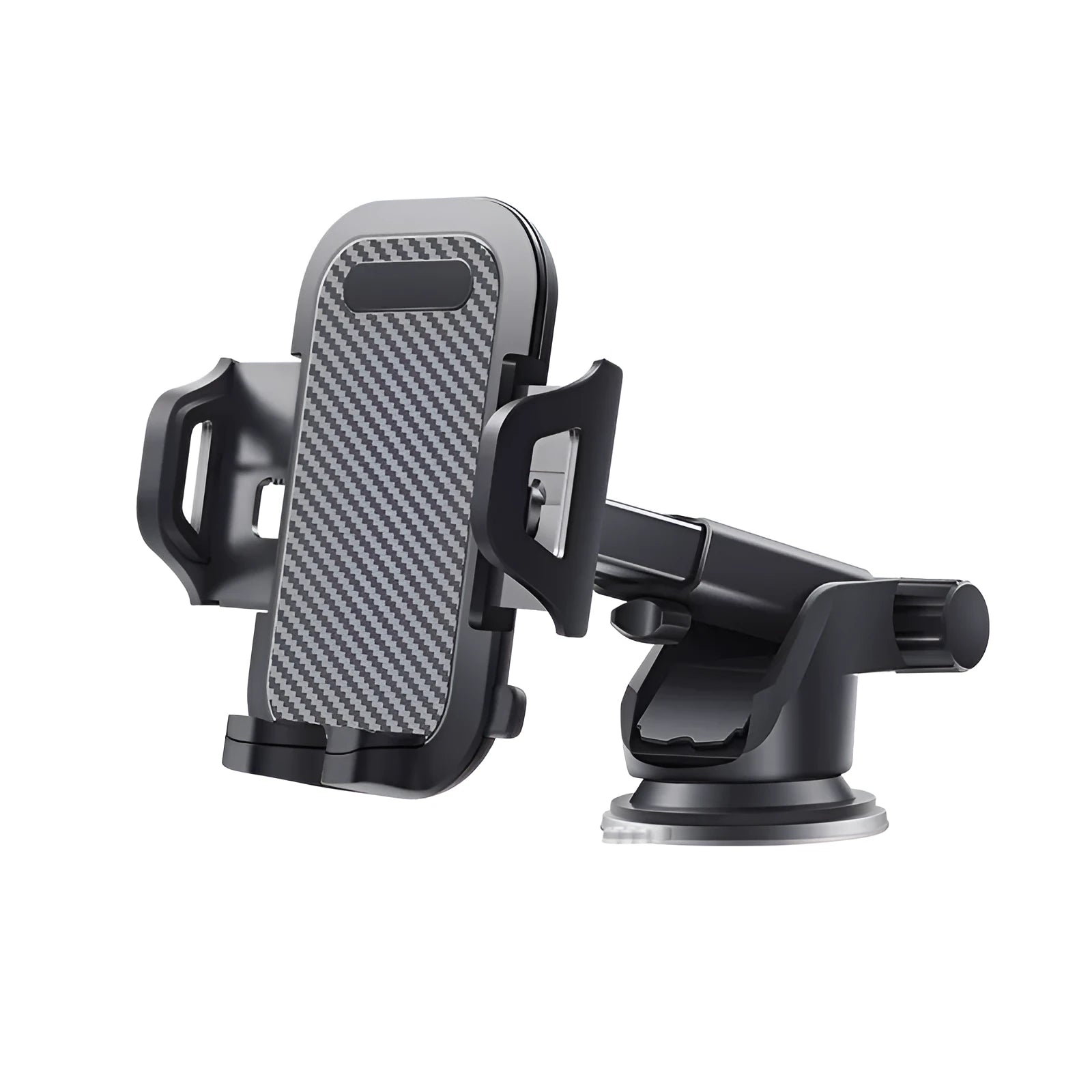 Black universal car phone holder mounted on a car dashboard holding a mobile phone