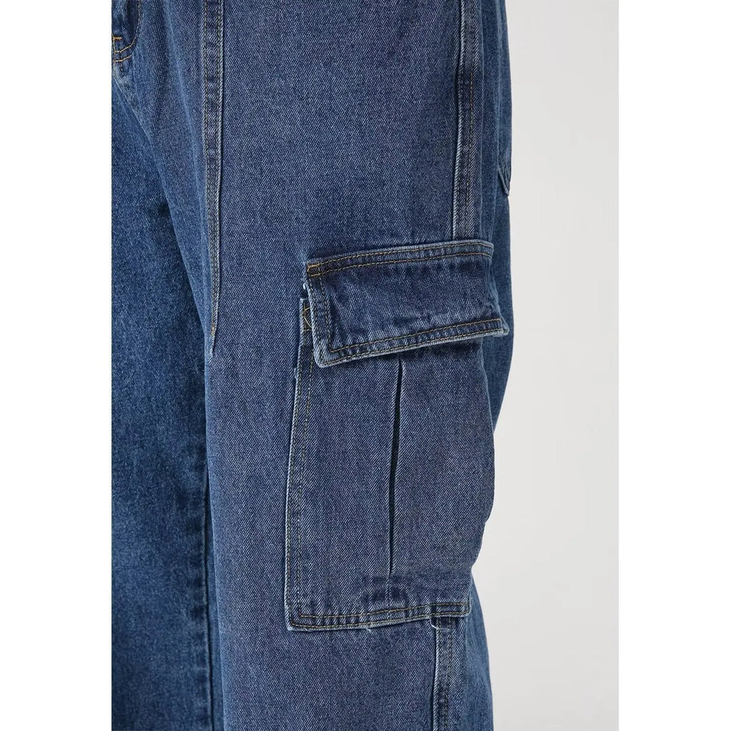 American retro loose straight leg cotton denim workwear jeans in blue with zipper fly