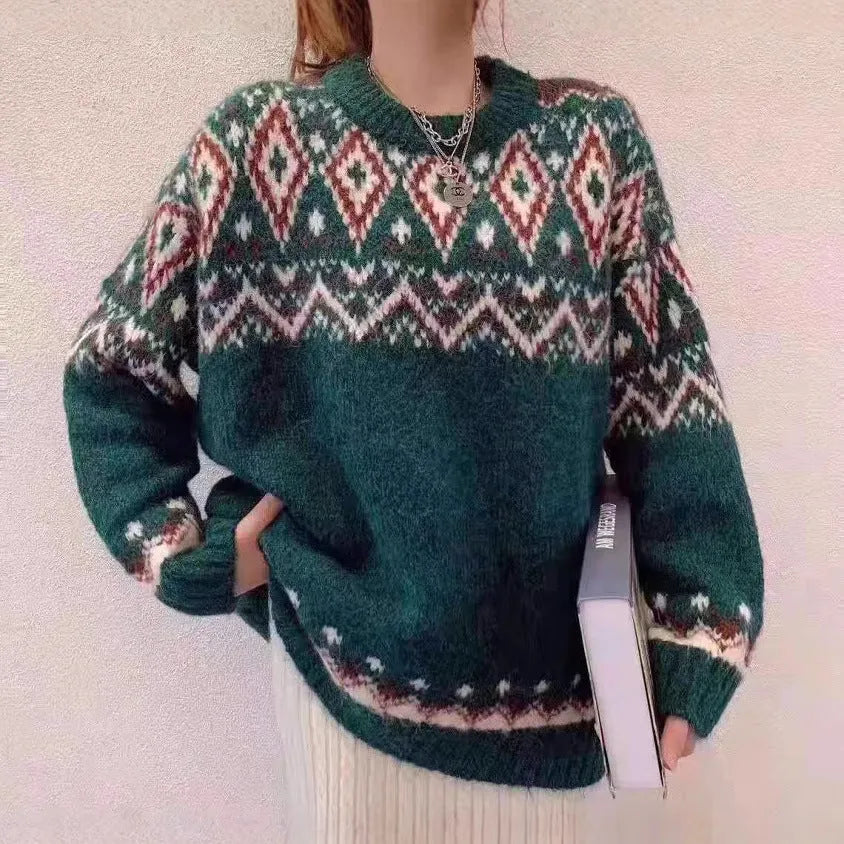 Loose retro pullover knitted top with stripe pattern in red colour