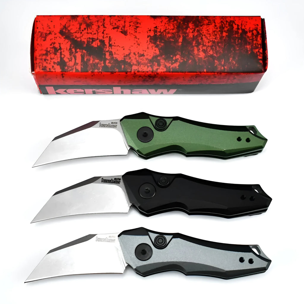 Outdoor folding pocket knife with metal construction showing black, grey, and green colour options