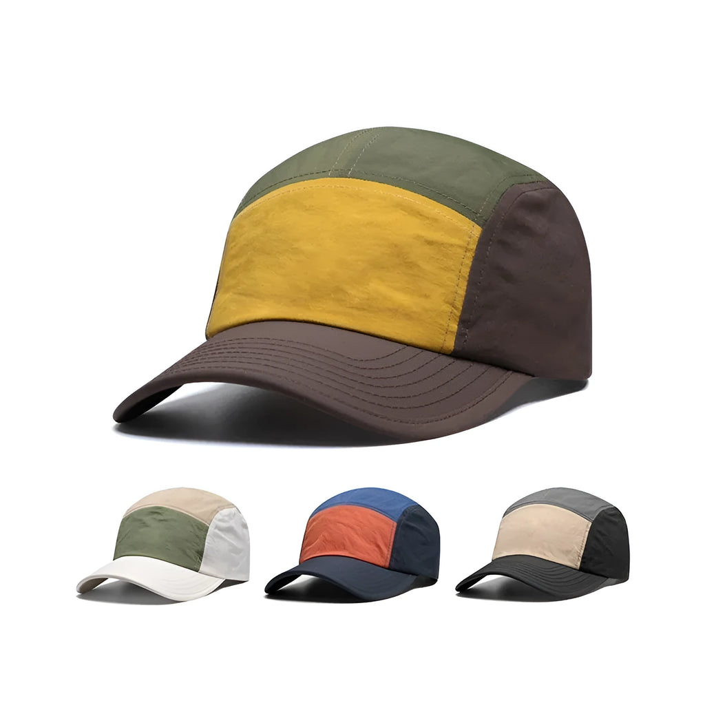 Men's curved brim baseball cap in khaki green orange yellow colours with five-piece structured design
