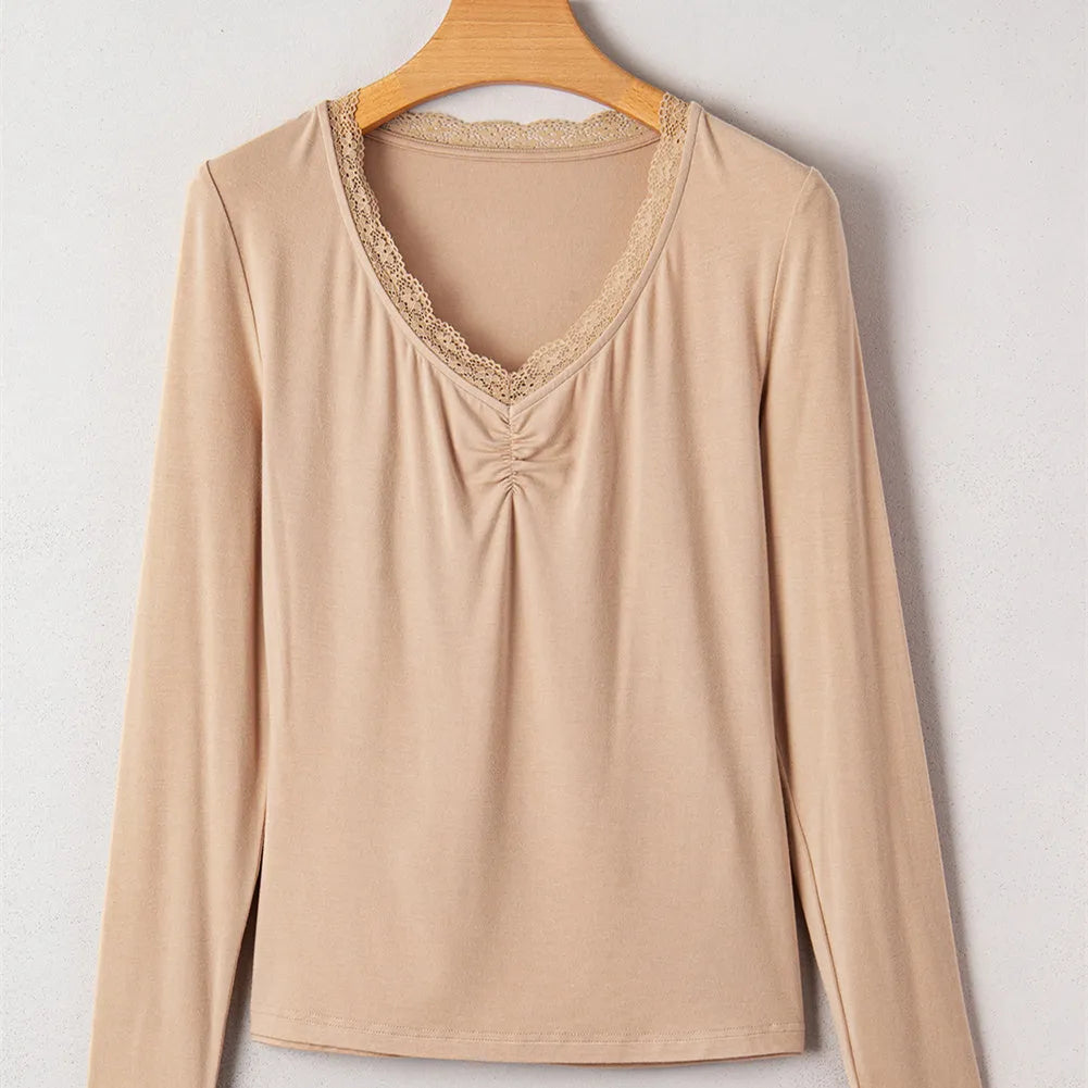 Women's red slim fit long sleeve casual top with lace trim detail