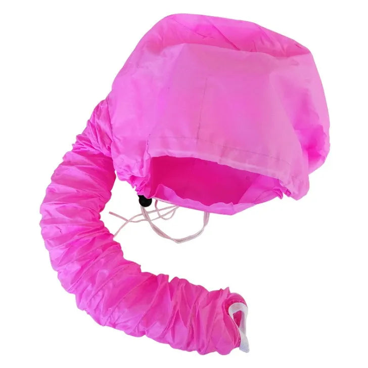 Pink hair dryer bonnet hood attachment with elastic tube and drawstring cord