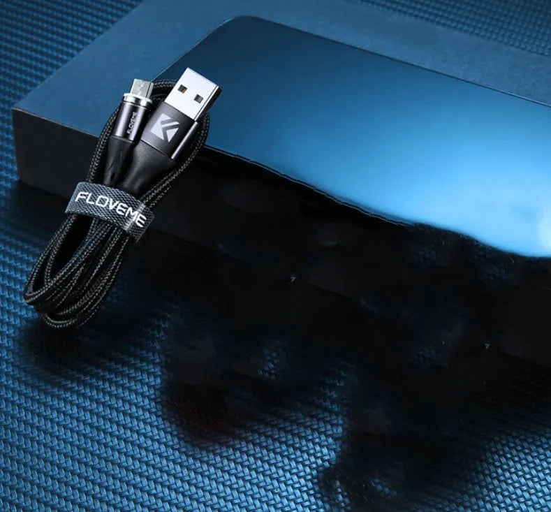 Magnetic smartphone charging cable with LED lights showing black, red, and silver colour options
