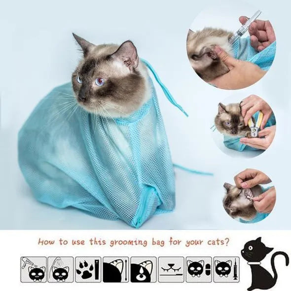 Soft polyester mesh cat grooming bag with front zipper, lightweight design, available in blue, orange, pink, rose red, yellow